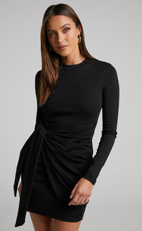 Marleen Mini Dress - Wrap Front Long Sleeve Bodycon Dress in Black