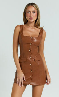 Nami Mini Dress - Faux Leather Square Neck Gold Button Dress in Camel