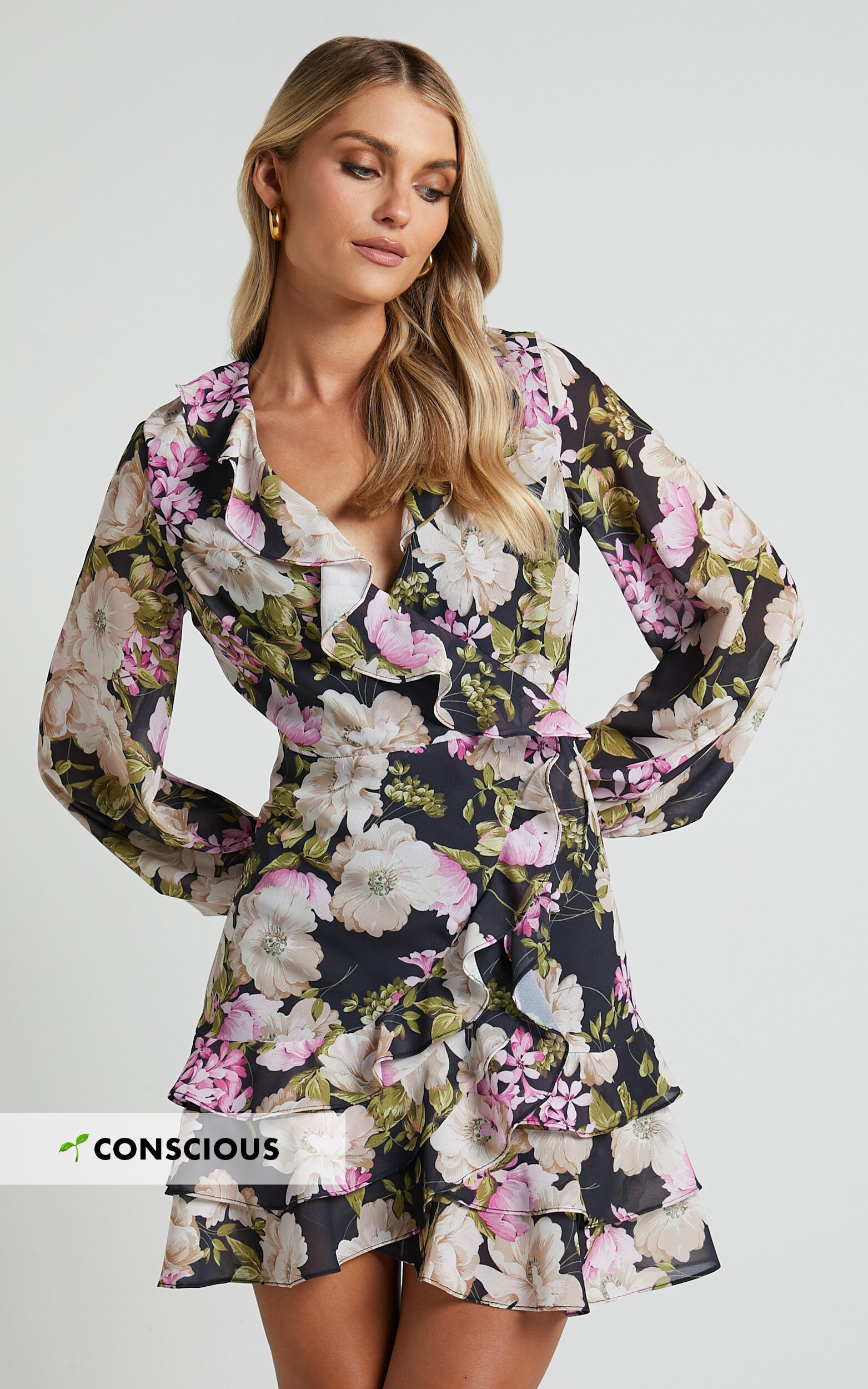 Alex Mini Dress - Long Sleeve Frill Detail Wrap Dress in Midnight Floral - 06, BLK1