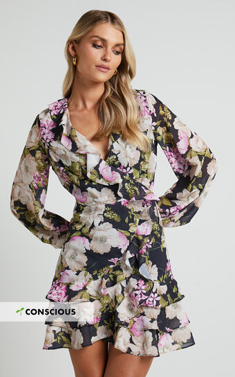 Alex Mini Dress - Long Sleeve Frill Detail Wrap Dress in Midnight Floral