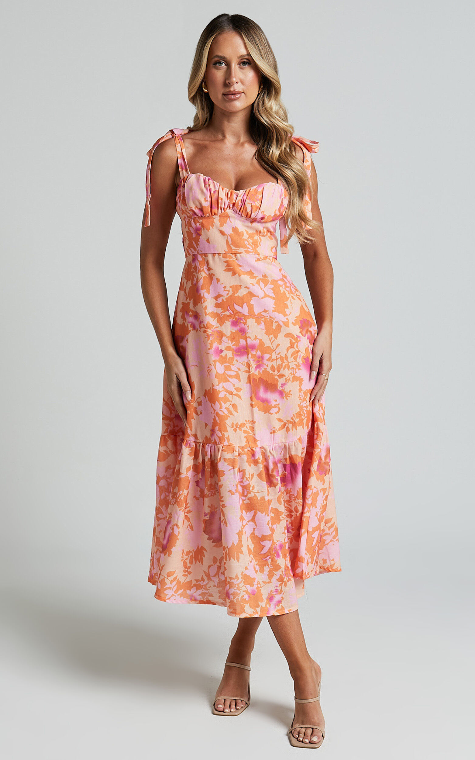 Amani Midi Dress Tie Shoulder Bustier Flare Dress in Peach Showpo USA