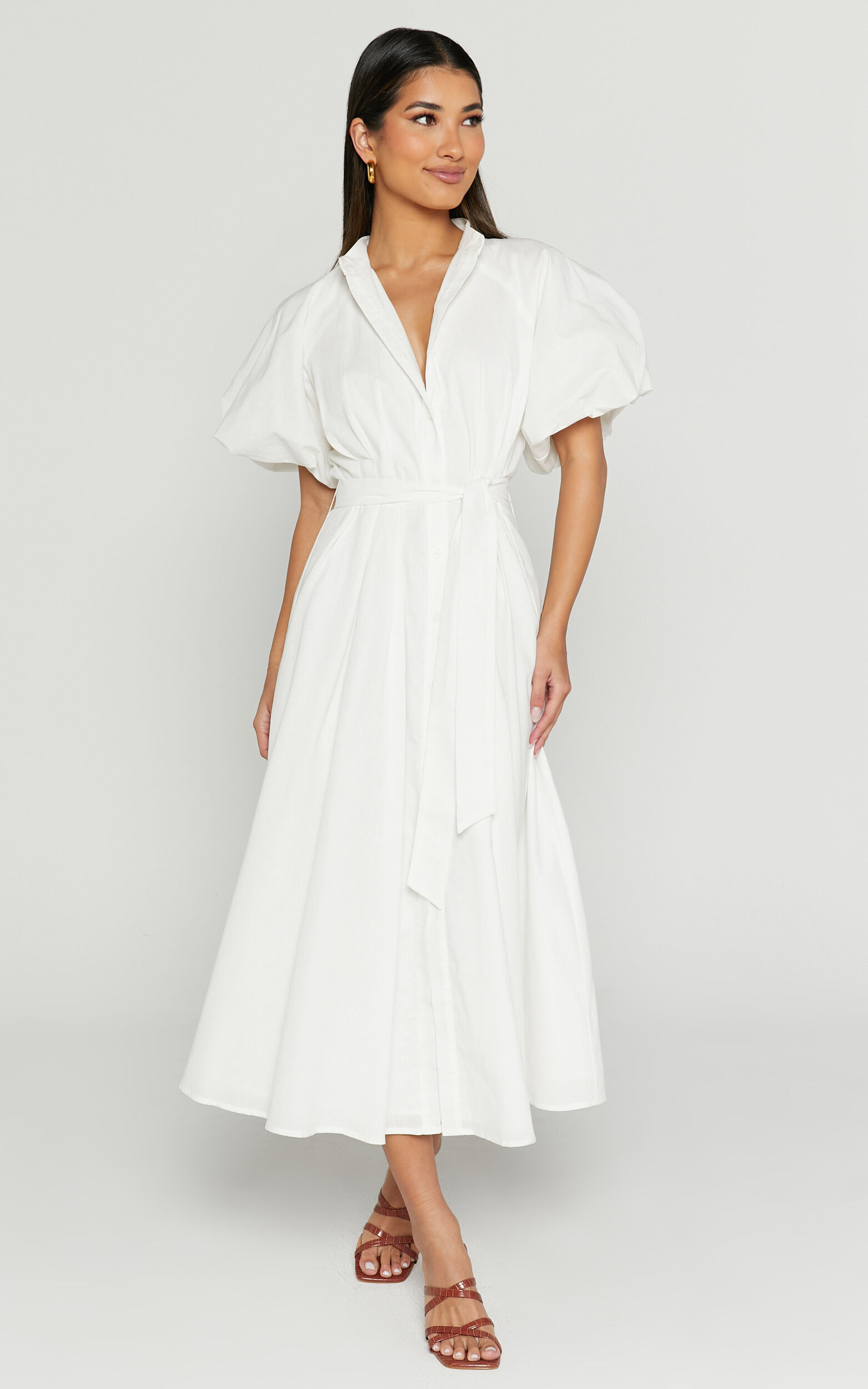 Sabrina Midi Dress Linen Look Raglan Sleeve Belted Dress in White