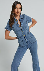 Silvena Jumpsuit - Short Sleeve Flared Denim Jumpsuit in Blue | Showpo