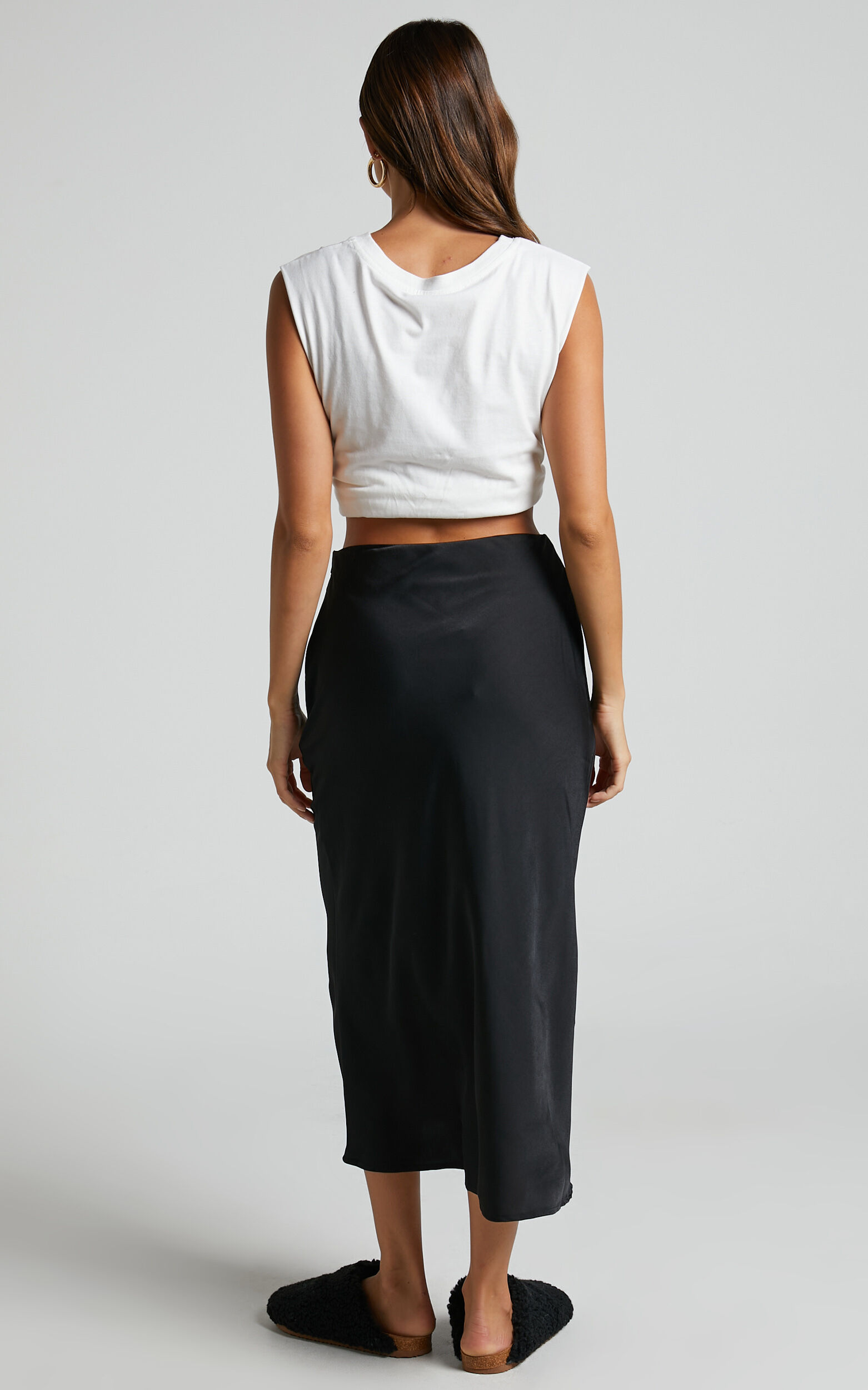 Zaylin Midi Skirt Ruched Side Satin Slip Skirt in Black