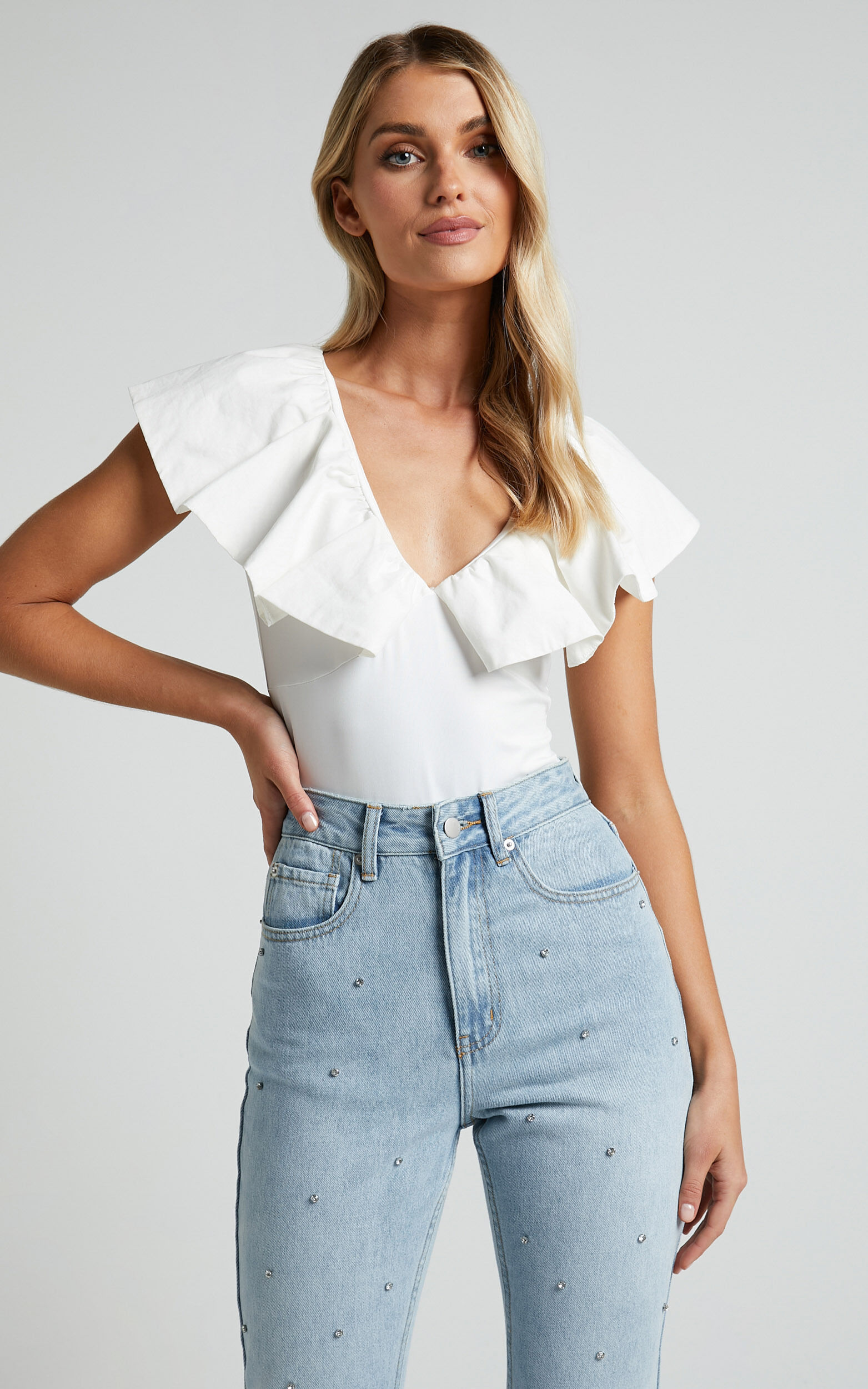 Kimber Bodysuit V Neck Frill Bodysuit in White Showpo USA