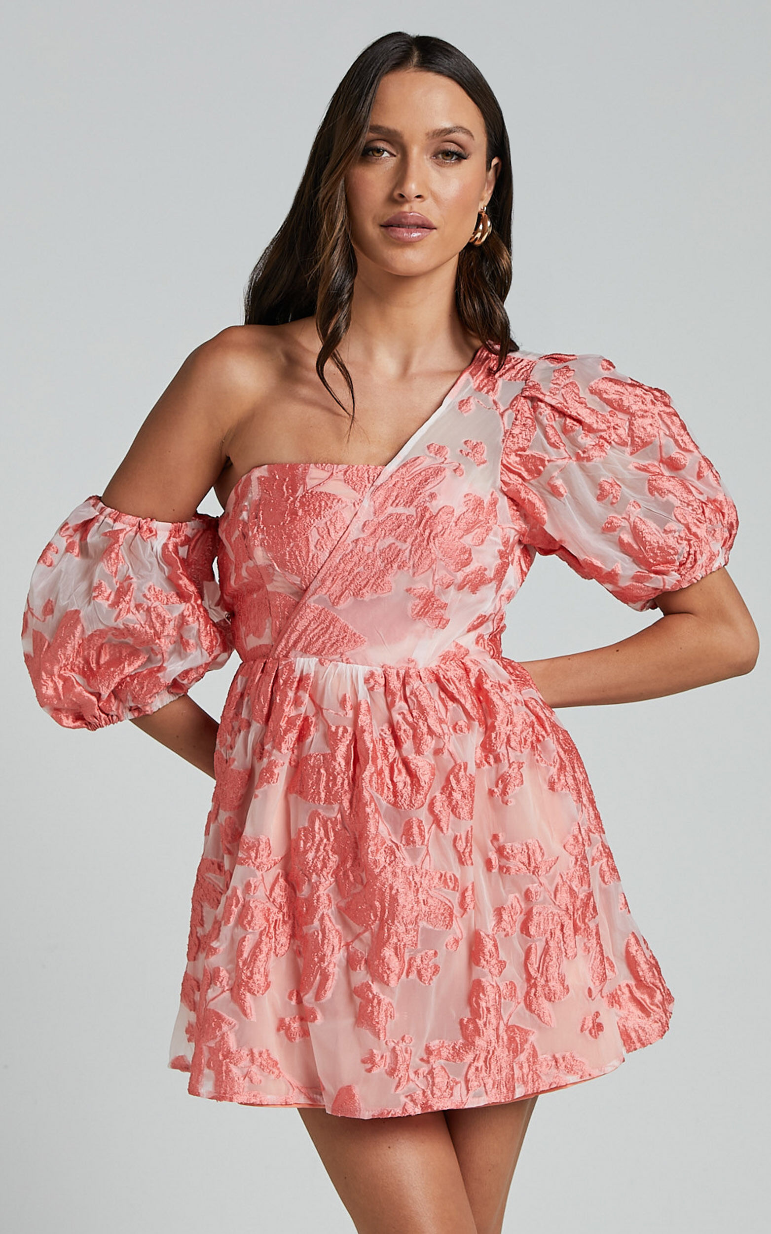Charrie Mini Dress - One Shoulder Puff Sleeve Dress in Peach Jacquard - 06, ORG1