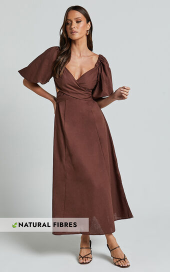 Amalie The Label - Janae Linen Blend Puff Sleeve Cut Out Midi Dress in Chocolate