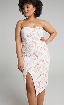 Lace To Lace Midi Dress - Strapless Bodycon Dress in White Lace