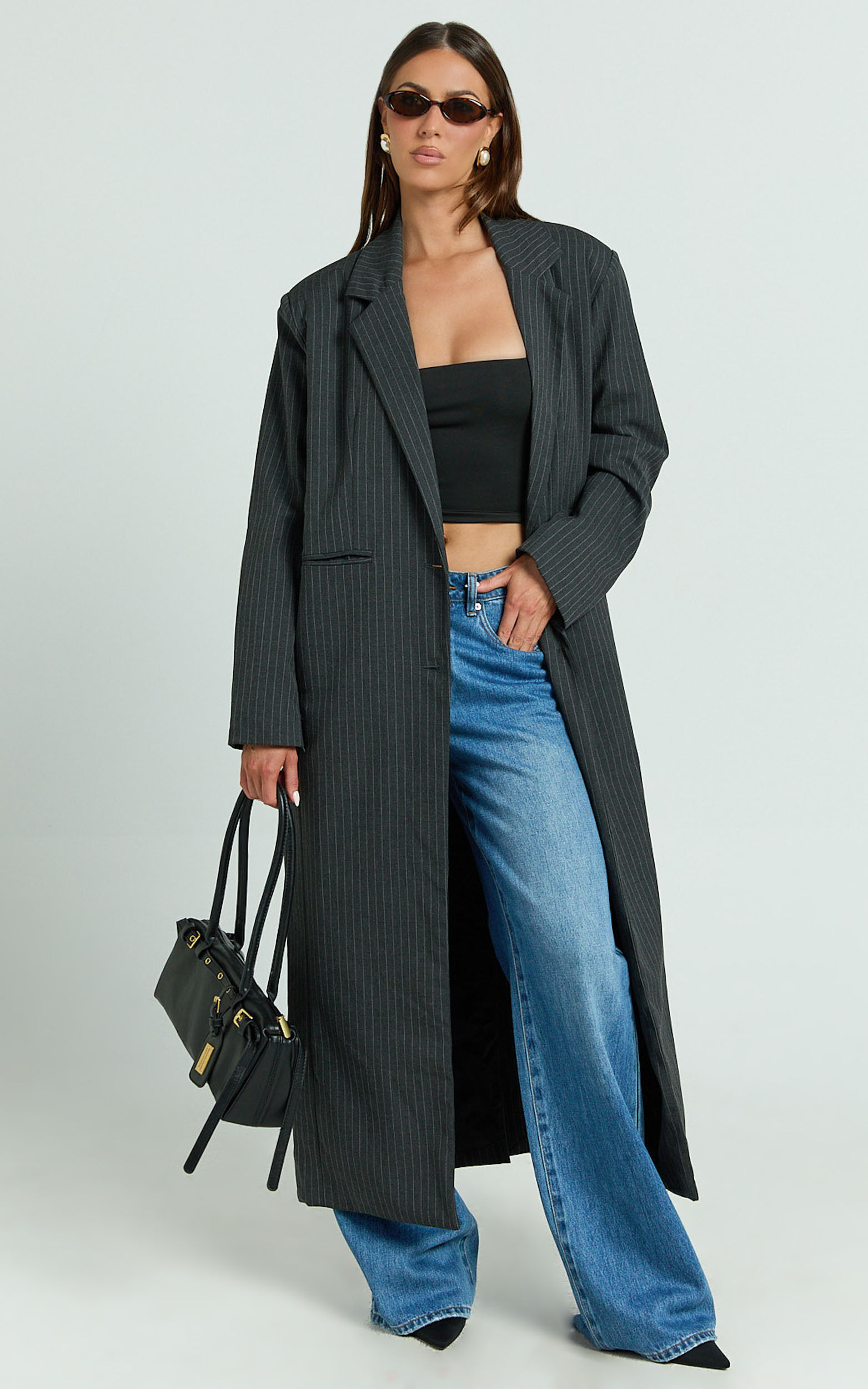 Camille Coat - Pinstripe Single Breasted Longline Coat in Charcoal - 06, GRY1