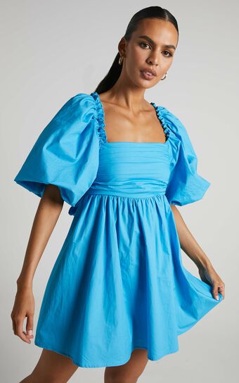 Melony Mini Dress - Cotton Poplin Puff Sleeve Dress in Blue