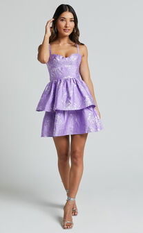 Nikkita Mini Dress - Shoulder Tie Bustier Tiered Dress in Purple