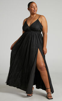 Angelina Midi Dress - Plunge Neck Glitter Neck Dress in Black