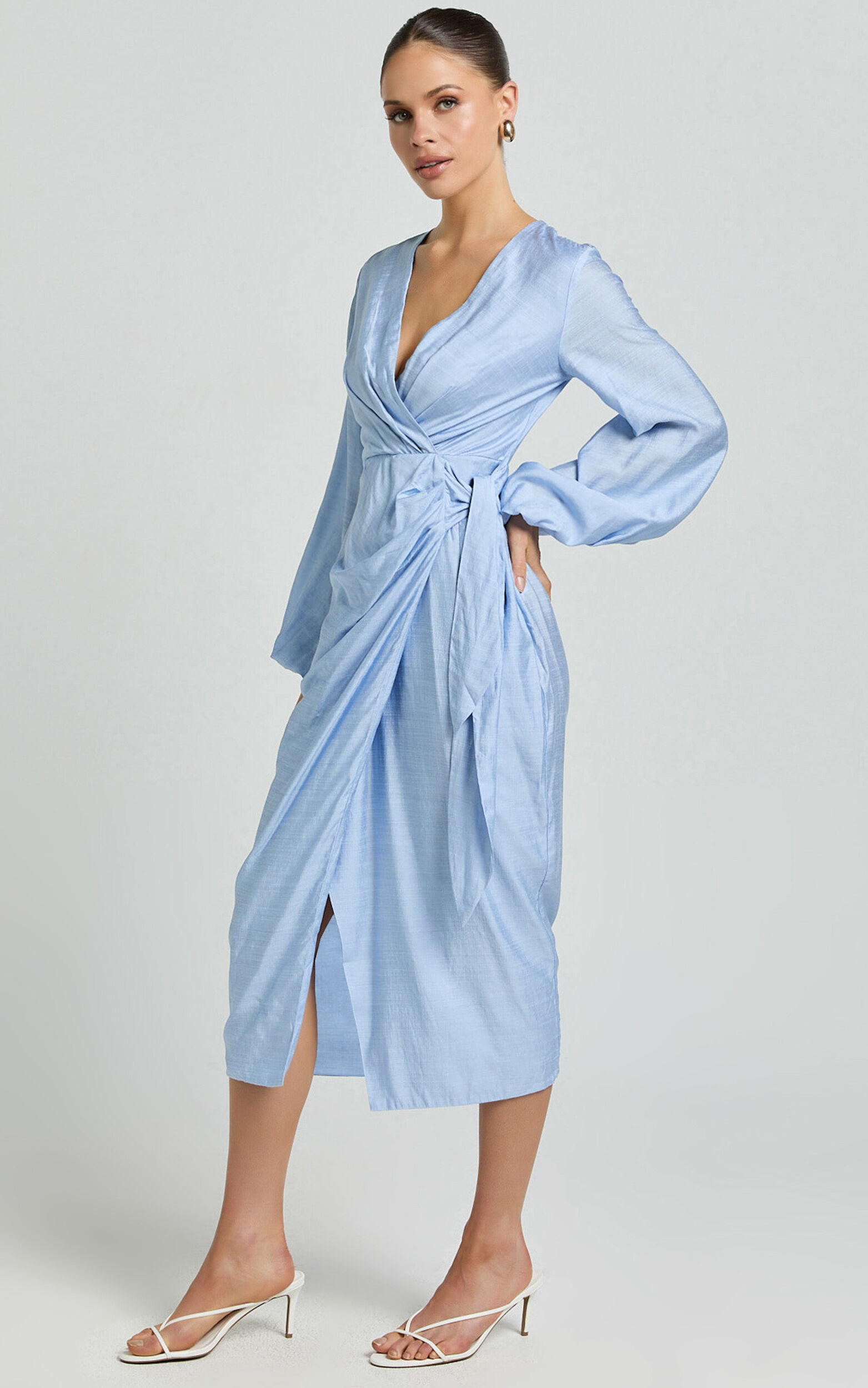 Long sleeve blue wrap dress discount