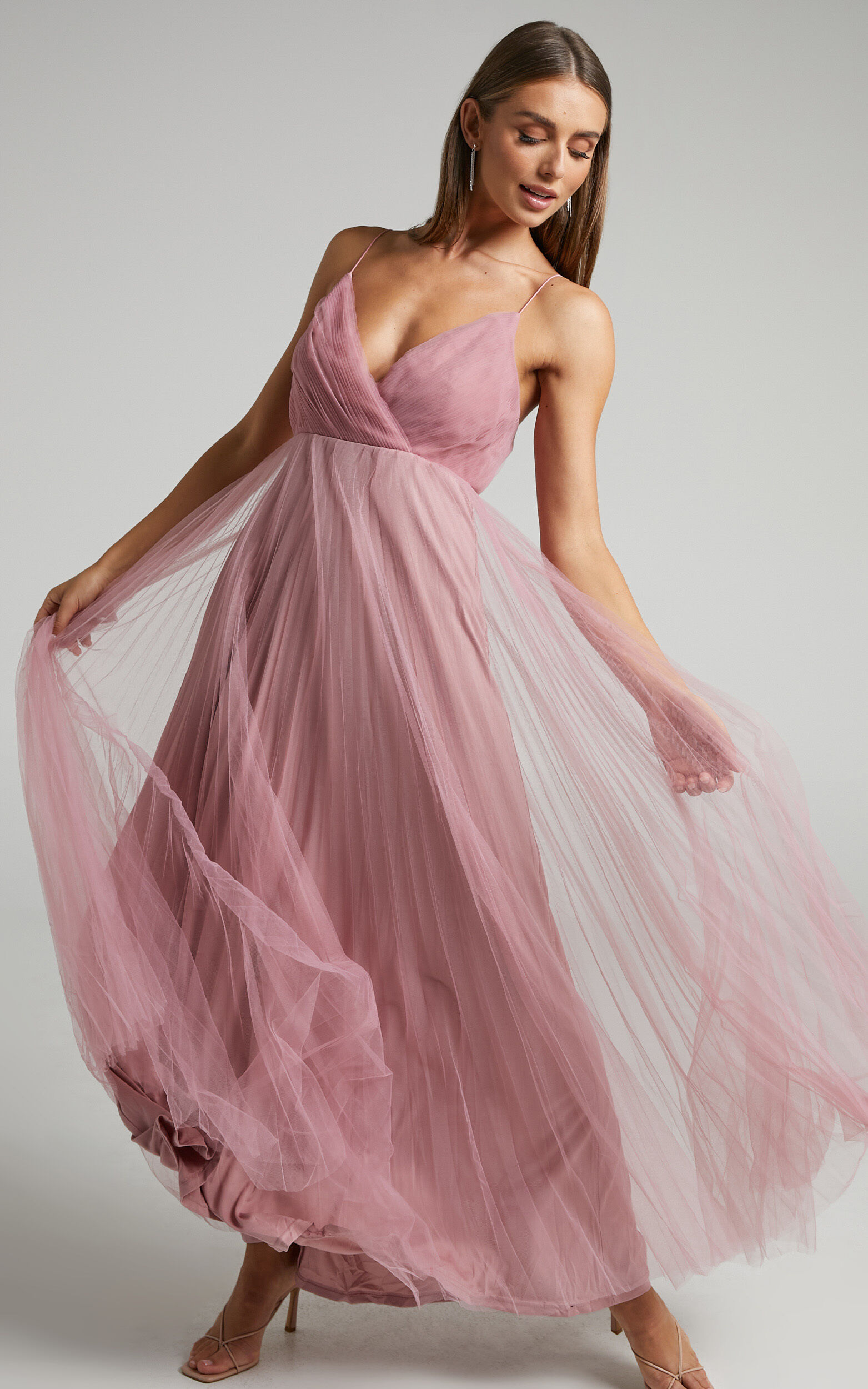 Allany Maxi Dress Faux Wrap Bodice Pleated Tulle Dress in Dusty Pink Showpo USA