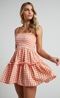 Wilda Mini Dress - Shirred Tiered Dress in Orange