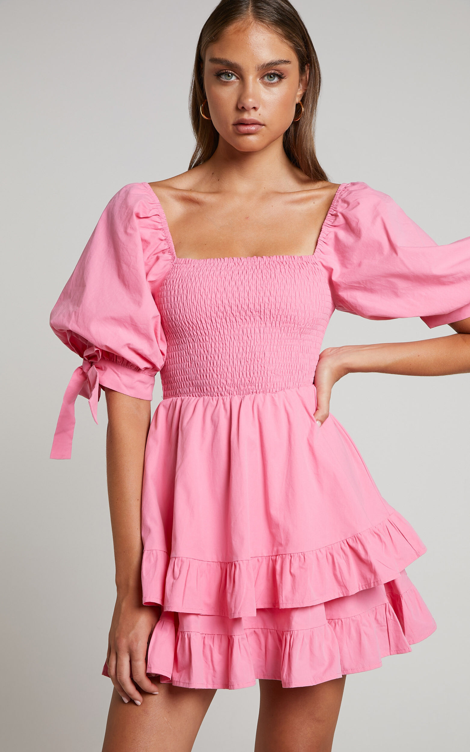 Chelle Mini Dress - Shirred Short Tie Sleeve Dress in Pink - 04, PNK2