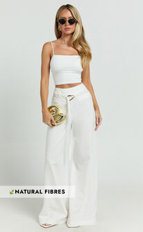 Kyra Pants - Linen Look Belted Wide Leg Pants in White