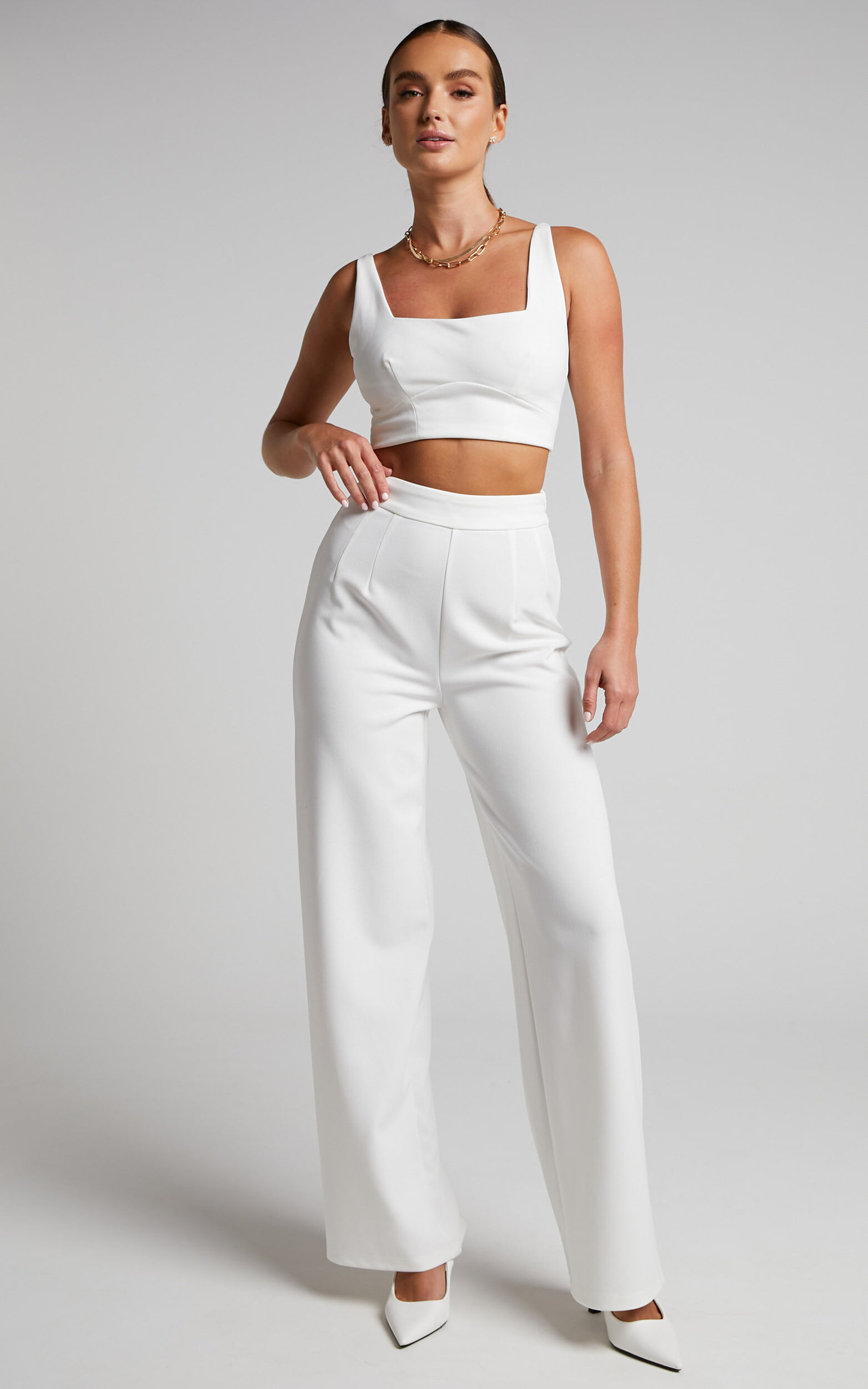 Elibeth Two Piece Set - Crop Top and High Waisted Wide Leg Pants Set in  White
