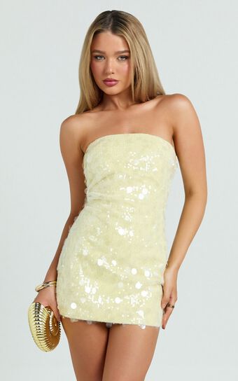 Rhonda Mini Dress - Strapless Sequin Dress in Lemon