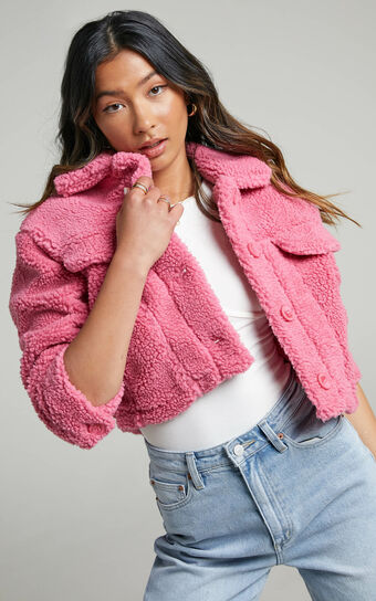 Cha Chi Button Up Teddy Jacket in Pink