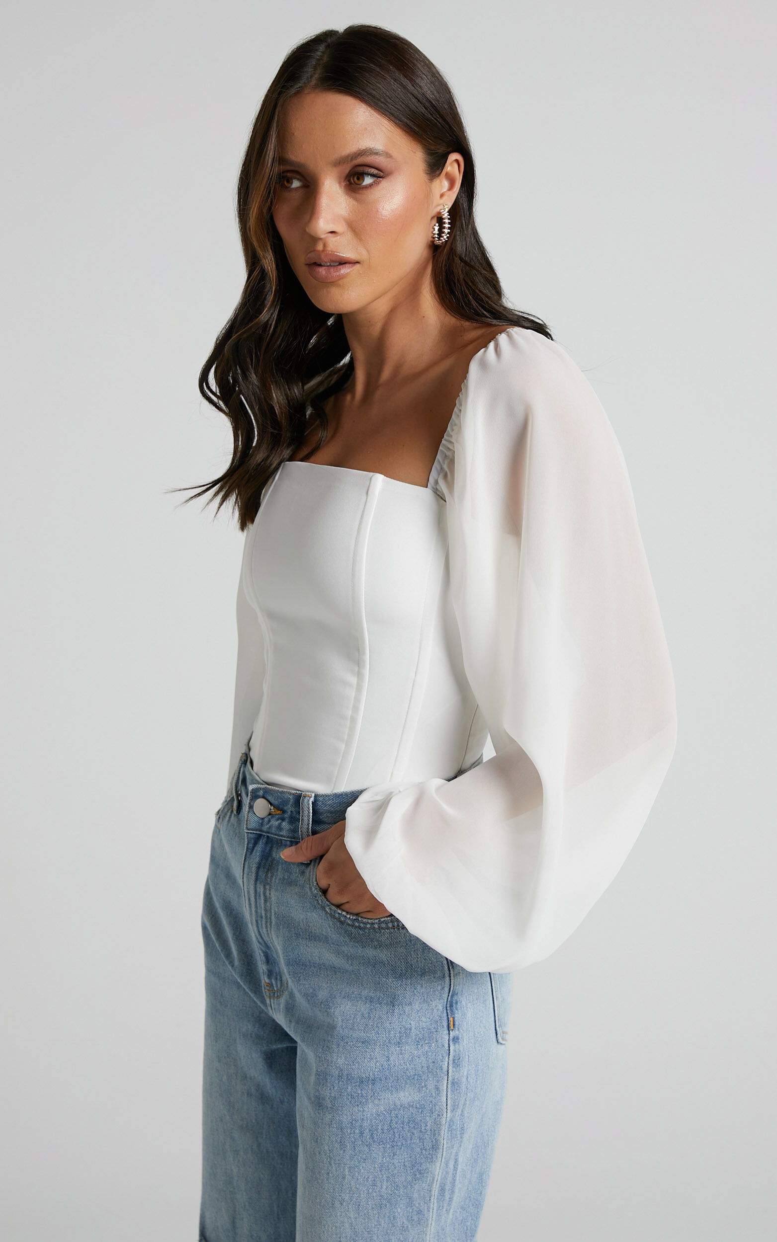 White long sales sleeve corset top