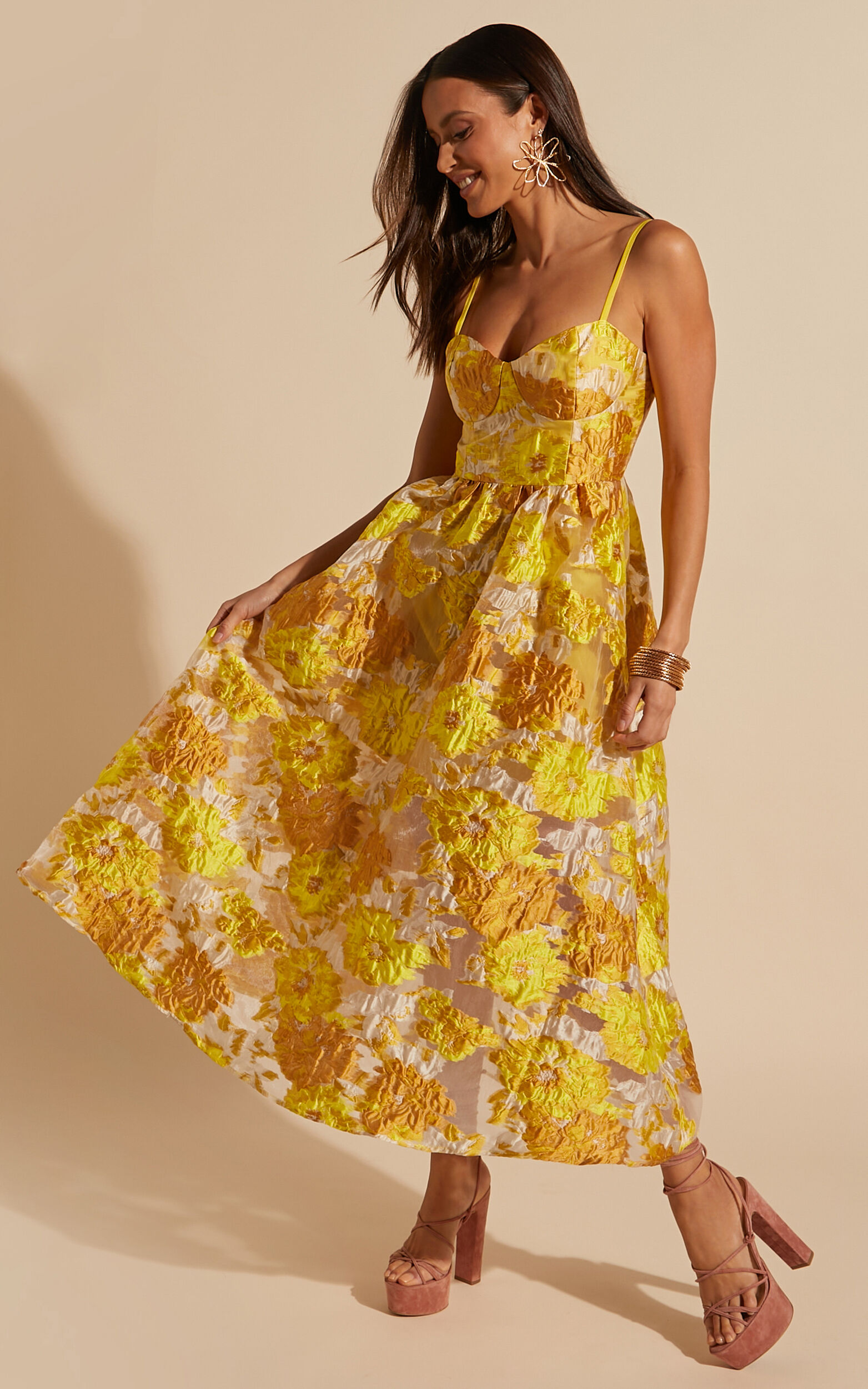 Brailey Midi Dress - Aline Corset Detail Dress in Yellow - 04, YEL1