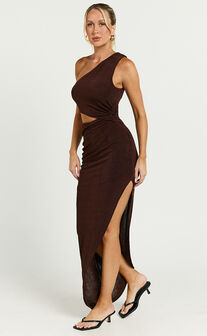 Kala Midi Dress - One Shoulder Cut Out Side Split Dress in Chocolate
