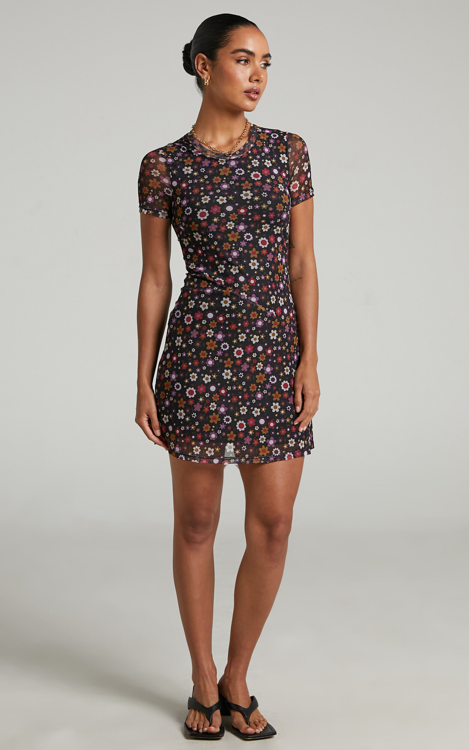Presilla Short Sleeve Mesh Mini Dress in Black Floral Showpo NZ