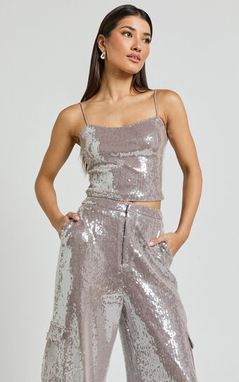 Tricia Top - Sequin Cami Top in Grey