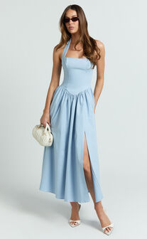 Helda Midi Dress - Halter Tie Neck Corset Panel Dress in Soft Blue