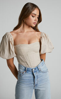 Estella Top - Puff Sleeve Corset Bustier Top in Sand