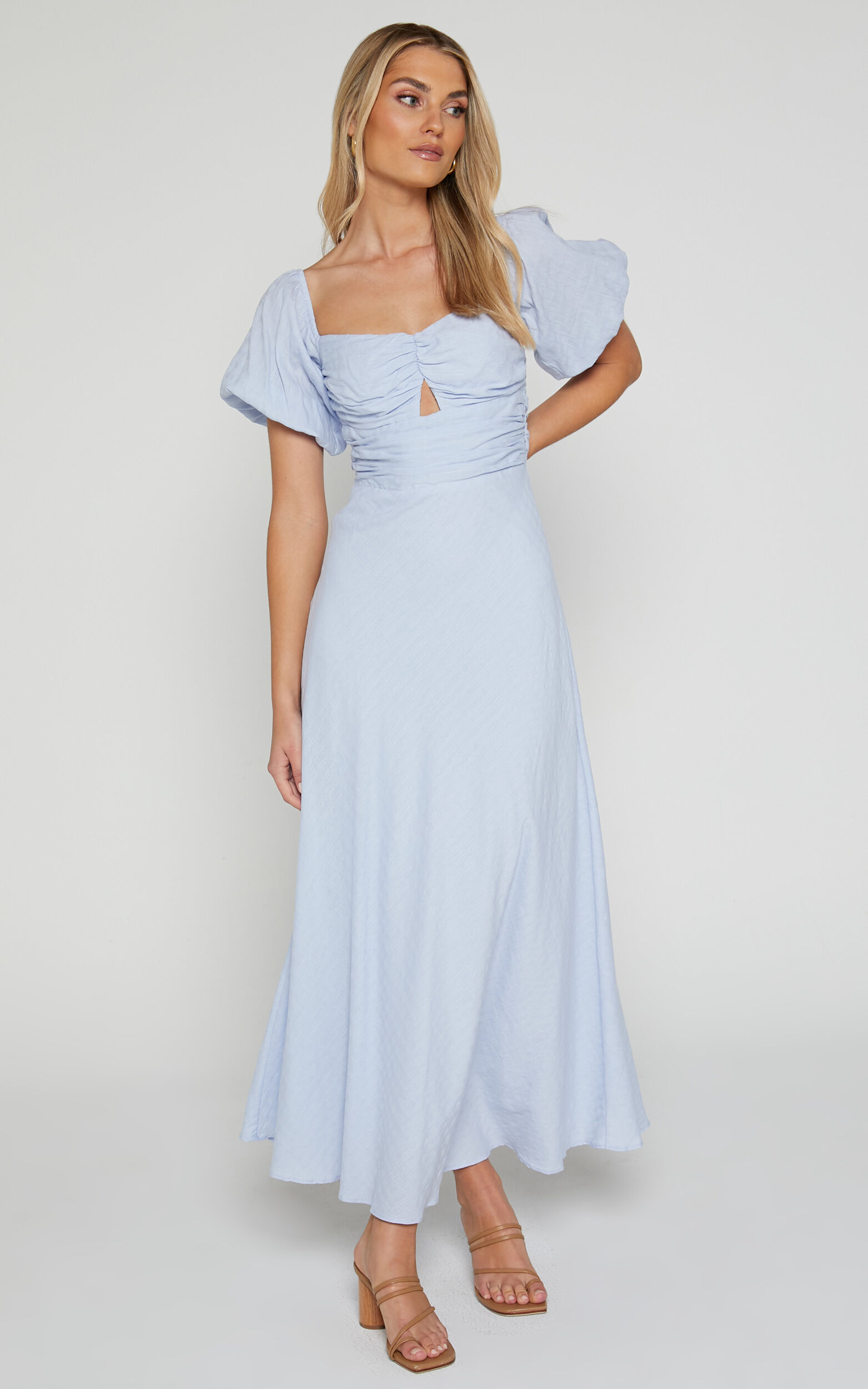Vynna Midi Dress Scoop Neck Puff Sleeve Ruched Bust A Line Dress