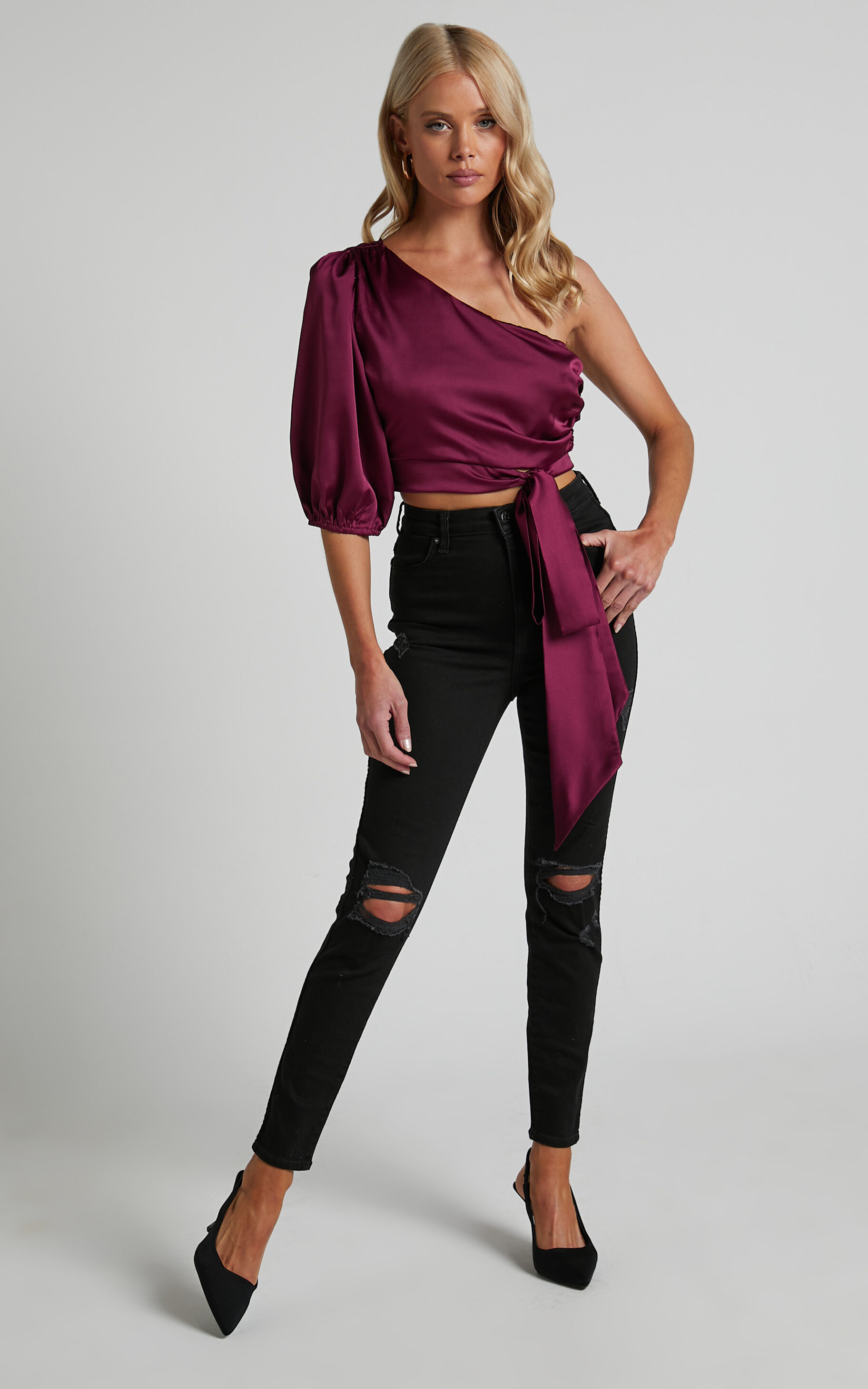 Burgundy puff sleeve best sale top