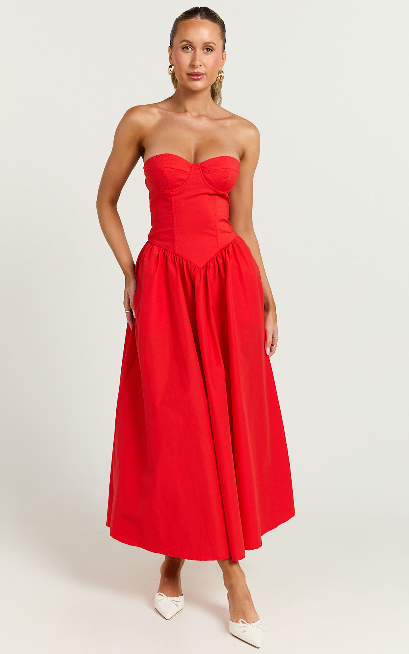 Daria Midi Dress - Strapless Corset Gathered Dress in Red Daria Midi Dress - Strapless Corset Gathered Dress in Red