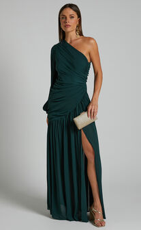 Grittah Midi Dress - One Shoulder Bishop Sleeve High Split Ruched Dress in Emerald