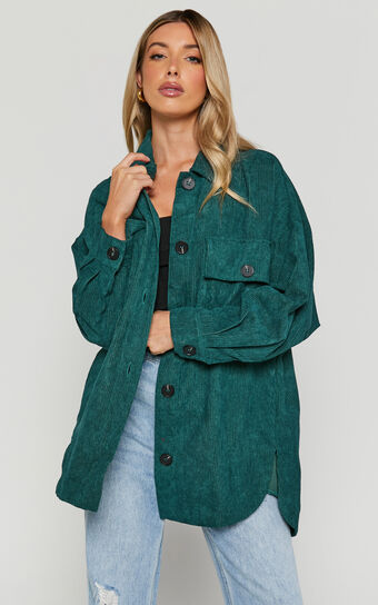 Maleah Shacket  Oversized Button Up cord in Forest Green Showpo