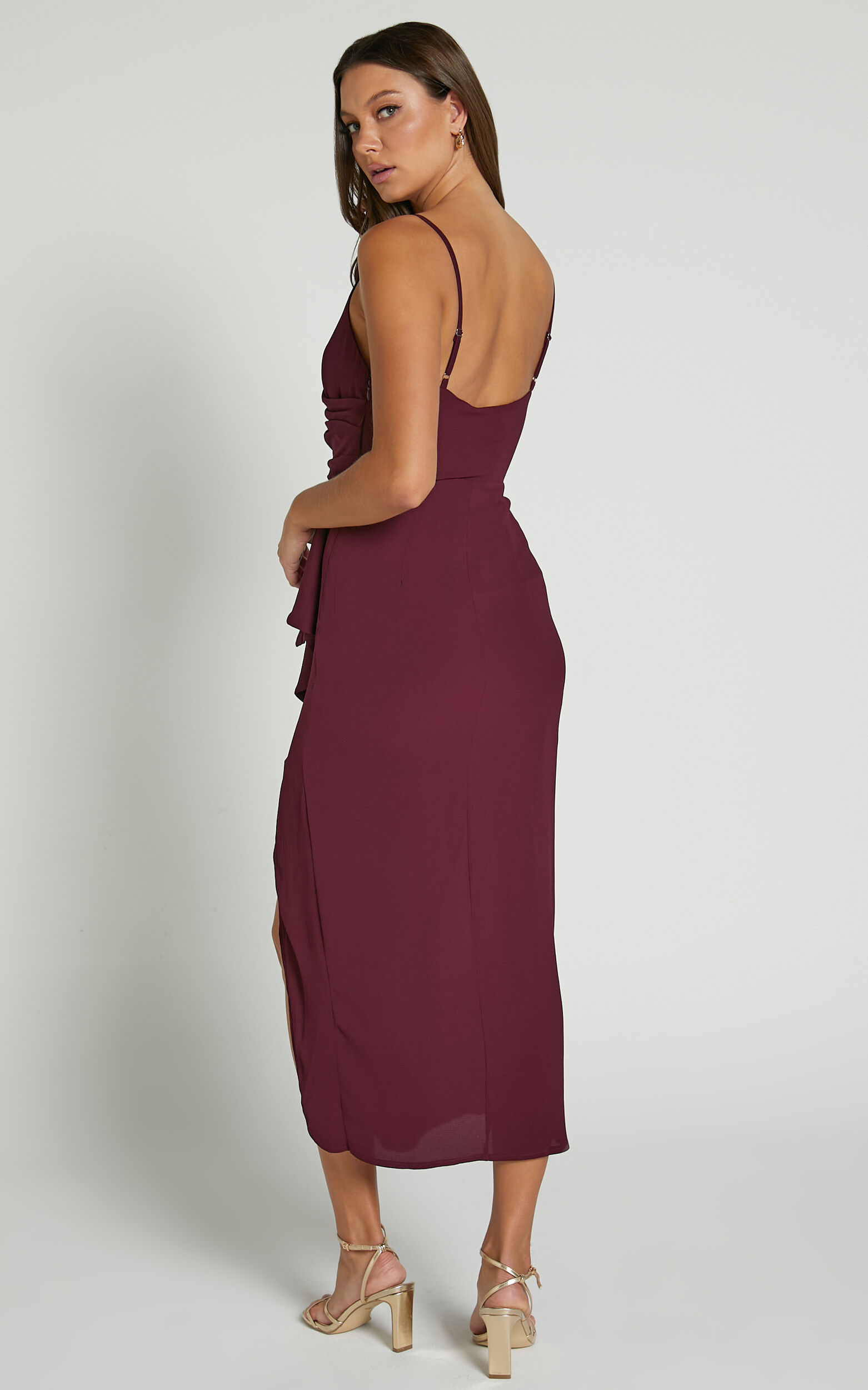 Aylene Midi Dress Draped Ruffle Split Dress in Merlot Showpo EU