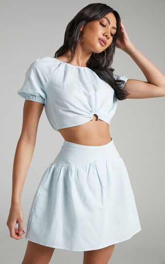 Georgina Two Piece Set - Linen Look Puff Sleeve Top and Mini Skirt in Icy Blue