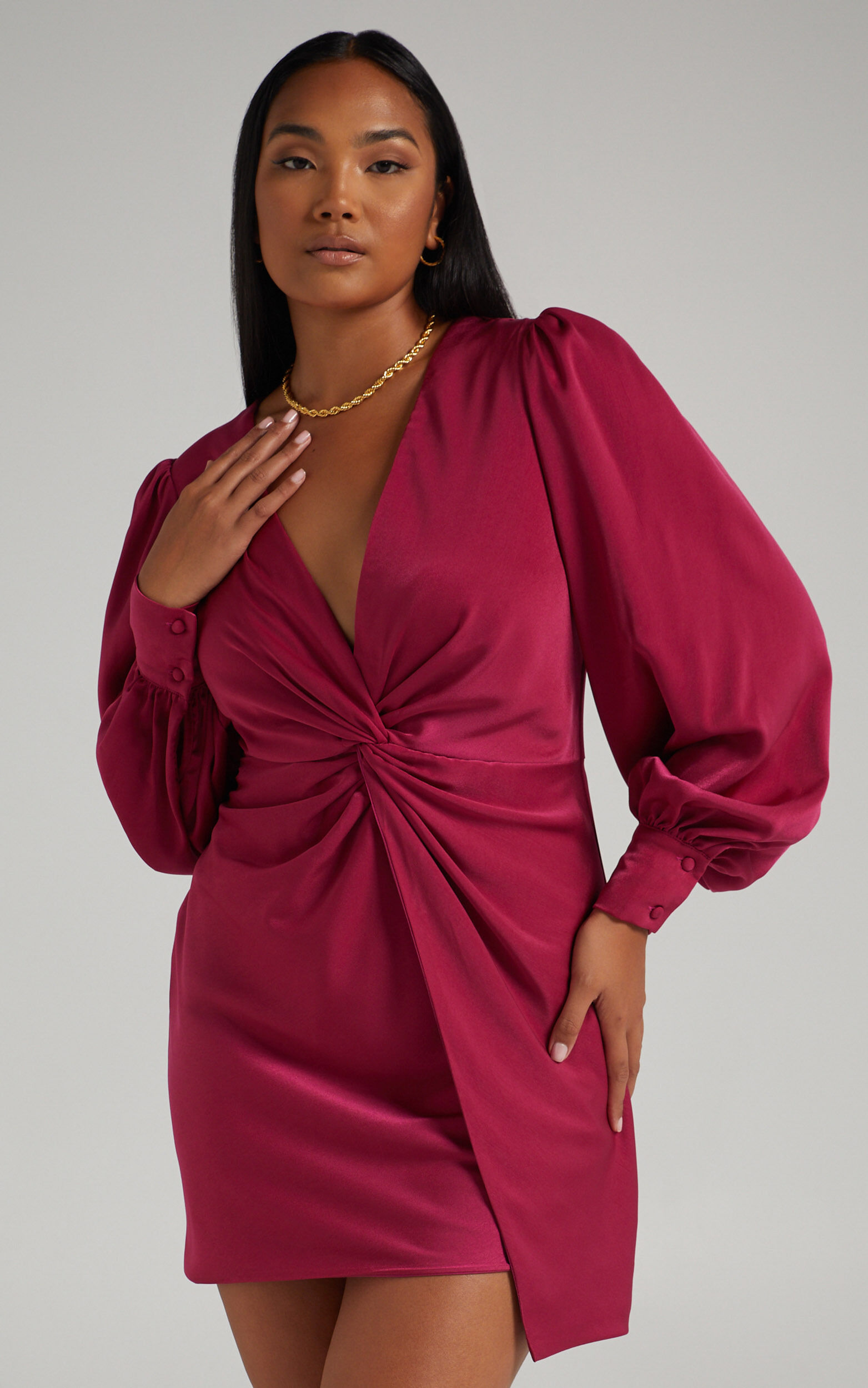 Billie Mini Dress - Twist Front Long Puff Sleeves Dress in Mulberry - 06, PNK4