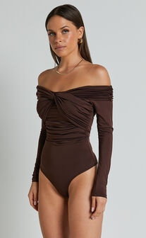 Shamaira Bodysuit - Twist Front Off Shoulder Long Sleeve in Brown
