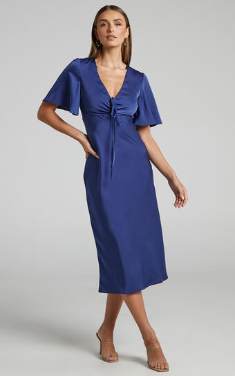 Nicholla Midi Dress - Ruched Front Angel Sleeve Slip Dress in Navy