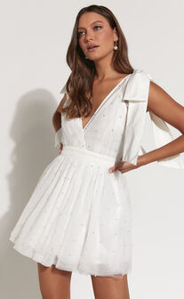 Karalyn Mini Dress - Bow Strap Plunge Pearl Detail Dress in White