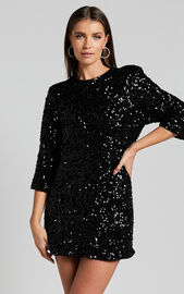 Audrienna Mini Dress - Sequin Long Sleeve Scoop Neck in Black | Showpo USA