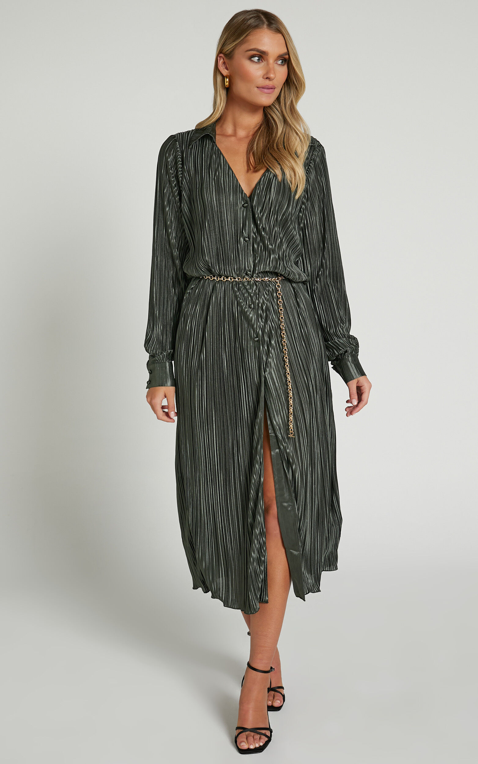 Donelli Midi Dress - Plisse Oversized Collared Shirt Dress in Olive - 06, GRN1