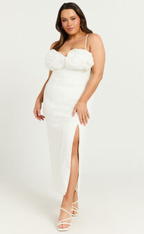 Benji Midi Dress - Ruffle Bodice Fitted Side Split Dress in Off White