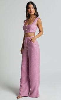 Amaris Two Piece Set - Button Detail Crop Top and Wide Leg Pants Set in Pink