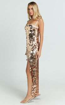 Wilfreda Maxi Dress - Sequin Square Neck Bodycon Dress in Rose Gold