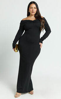 Rani Maxi Dress - Off Shoulder Long Sleeve Bodycon Dress in Black