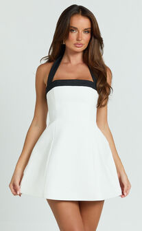 Broome Mini Dress - Contrast Halter Tie Tulip Skirt Dress in White/Black