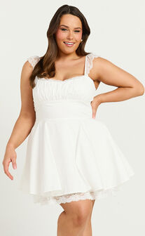 Adalee Mini Dress - Sleeveless Ruched Bodice Lace Trim Dress in Off White